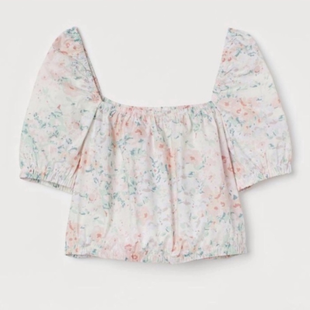 H&M Pastel Floral Puff Sleeve Blouse Cropped Top